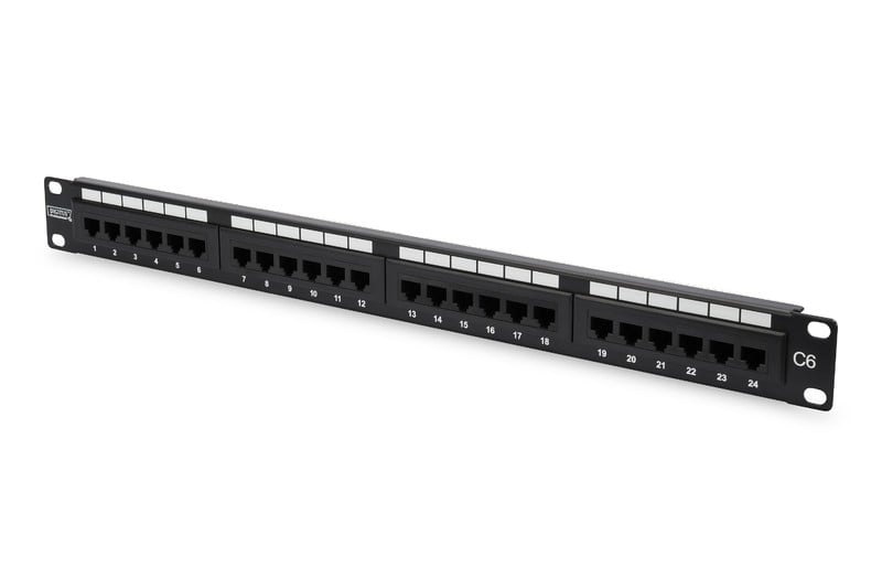 CAT 6 Patch Panel, unshielded, 24-port RJ45 24-port RJ45, 8P8C, LSA, 1U, bl, 482x44x109 mm, black