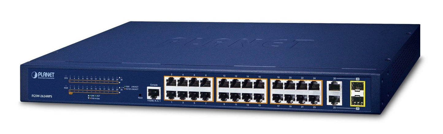 Planet FGSW-2624HPS 24-Port 10/100TX 802.3at PoE + 2-Port Gigabit TP/SFP Combo Managed Ethernet Switch (240W, 250m Extend mode, IPv4/IPv6 Management, SNMPv3, 8