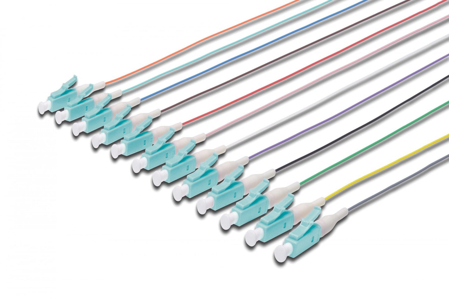 FO pigtail set, 12 pcs., LC, MM OM3 50/125 µ loose buffer, color code DIN IEC 304, 2 m