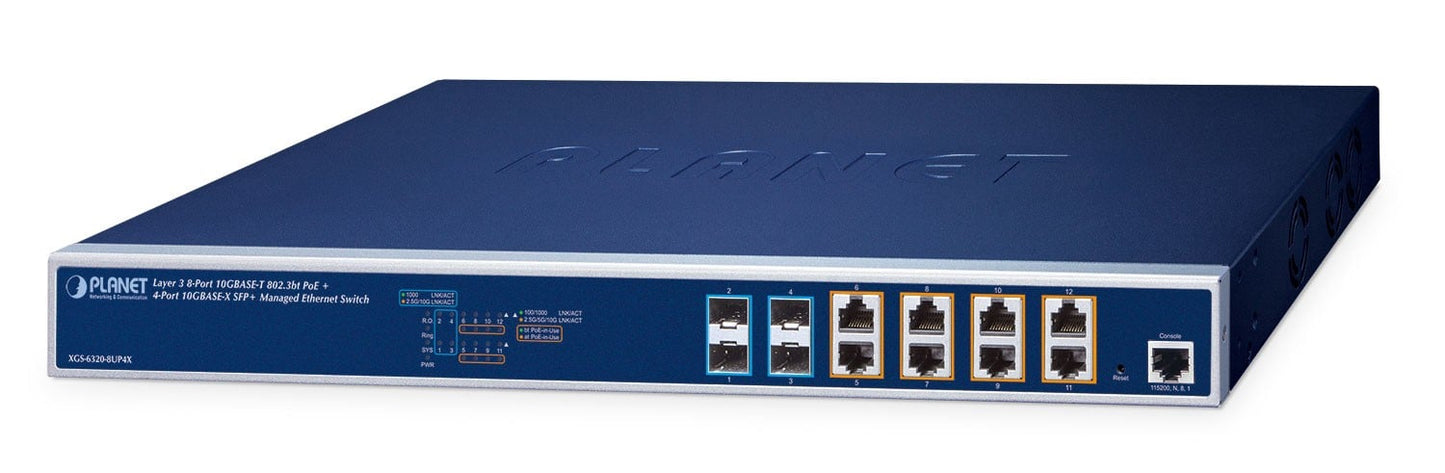 Planet XGS-6320-8UP4X Layer 3 8-Port 10GBASE-T 95W 802.3bt PoE + 4-Port 10GBASE-X SFP+ Managed Ethernet Switch (420W PoE Budget, 8-port 95W PoE++, 802.3bt/Legac