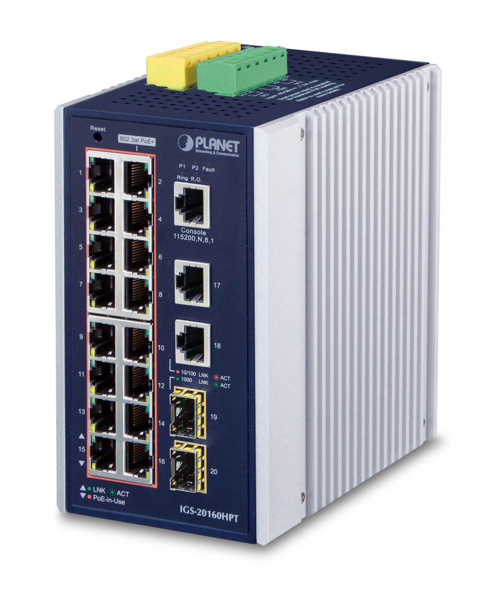 Planet IGS-20160HPT IP30 DIN-rail Industrial L3 16-Port 10/100/1000T 802.3at PoE + 2-Port 10/100/1000T + 2-port 1G/2.5G SFP Full Managed Switch (360 watts PoE b