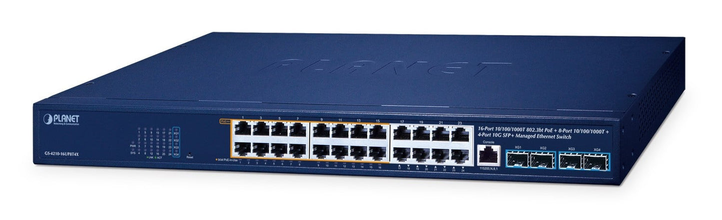 IPv6/IPv4, 16-Port 10/100/1000T 95W 802.3bt PoE + 8-Port 10/100/1000T + 4-Port 10G SFP+ Managed Switch (420W PoE budget, PoE PD alive check and schedule managem