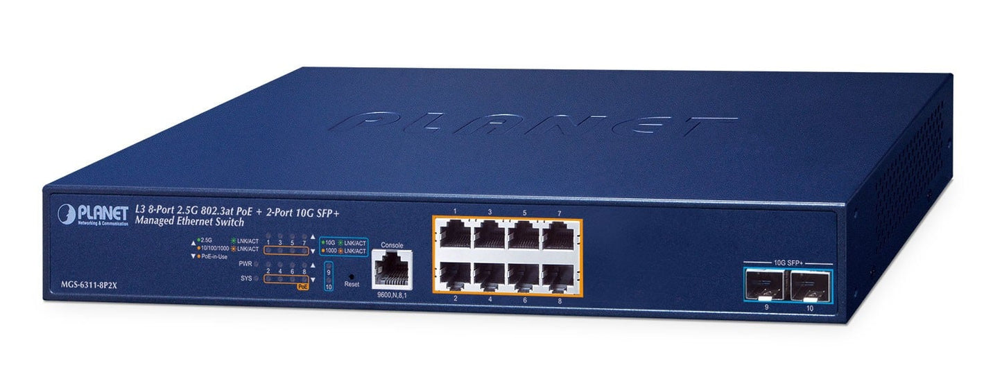 Planet MGS-6311-8P2X Layer 3, 8-Port 2.5GBASE-T 802.3at PoE + 2-Port 10GBASE-X SFP+ Managed Ethernet Switch(120W PoE budget, hardware-based Layer 3 RIPv1/v2, OS