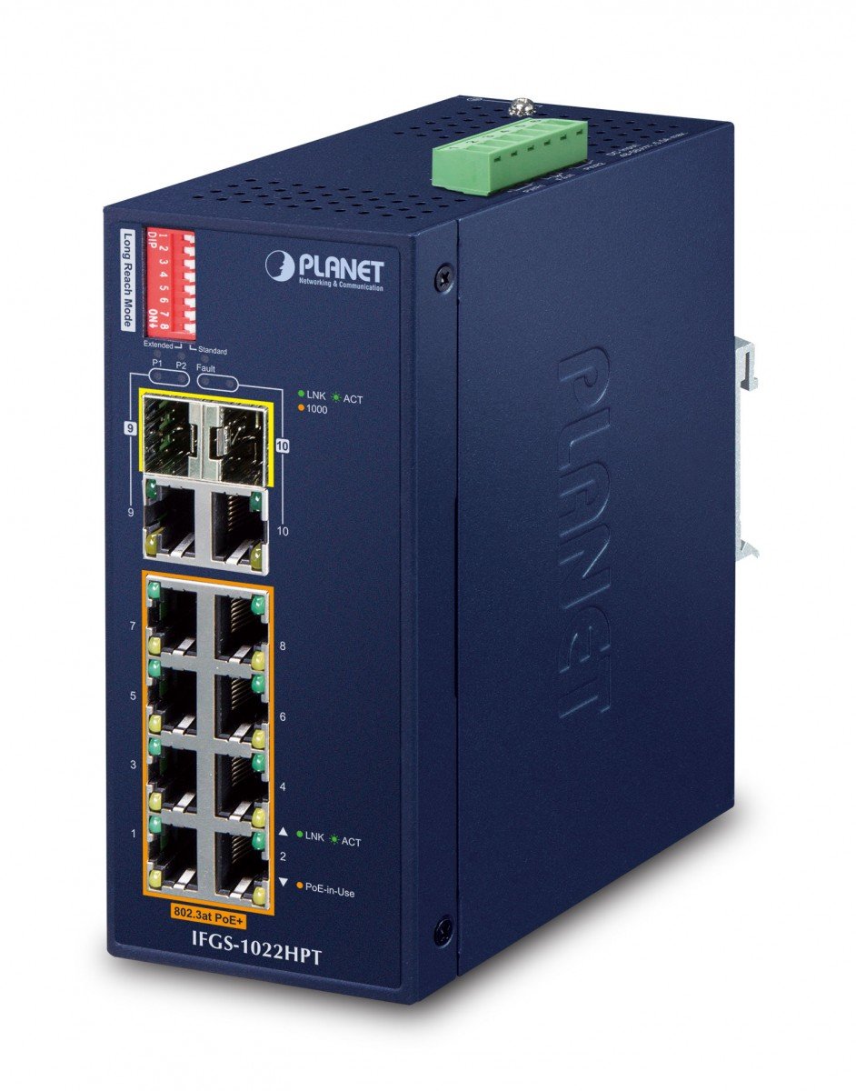 Planet IFGS-1022HPT IP30 Industrial 8-Port 10/100TX 802.3at PoE + 2-Port Gigabit TP/SFP combo Ethernet Switch (-40 to 75 C, 250m Extend mode, dual redundant pow