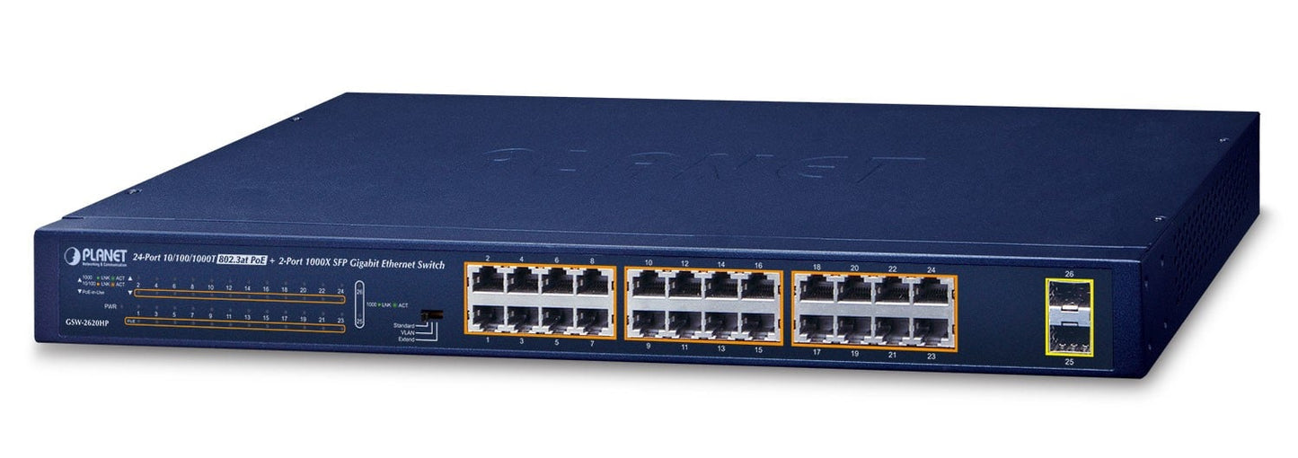 Planet GSW-2620HP 24-Port 10/100/1000T 802.3at PoE + 2-Port 1000X SFP Unmanaged Gigabit Ethernet Switch (250W PoE Budget, Standard/VLAN/Extend mode, supports P