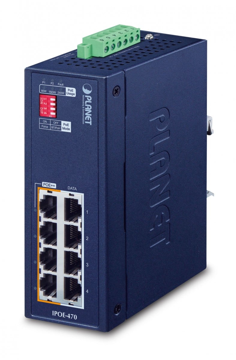 Planet IPOE-470 IP30 Industrial 4-port 10/100/1000T 95W 802.3bt PoE++ Injector Hub (240 Watts PoE budget, PoE Usage LED, BT/Legacy DIP switch, -40~75 degrees C,