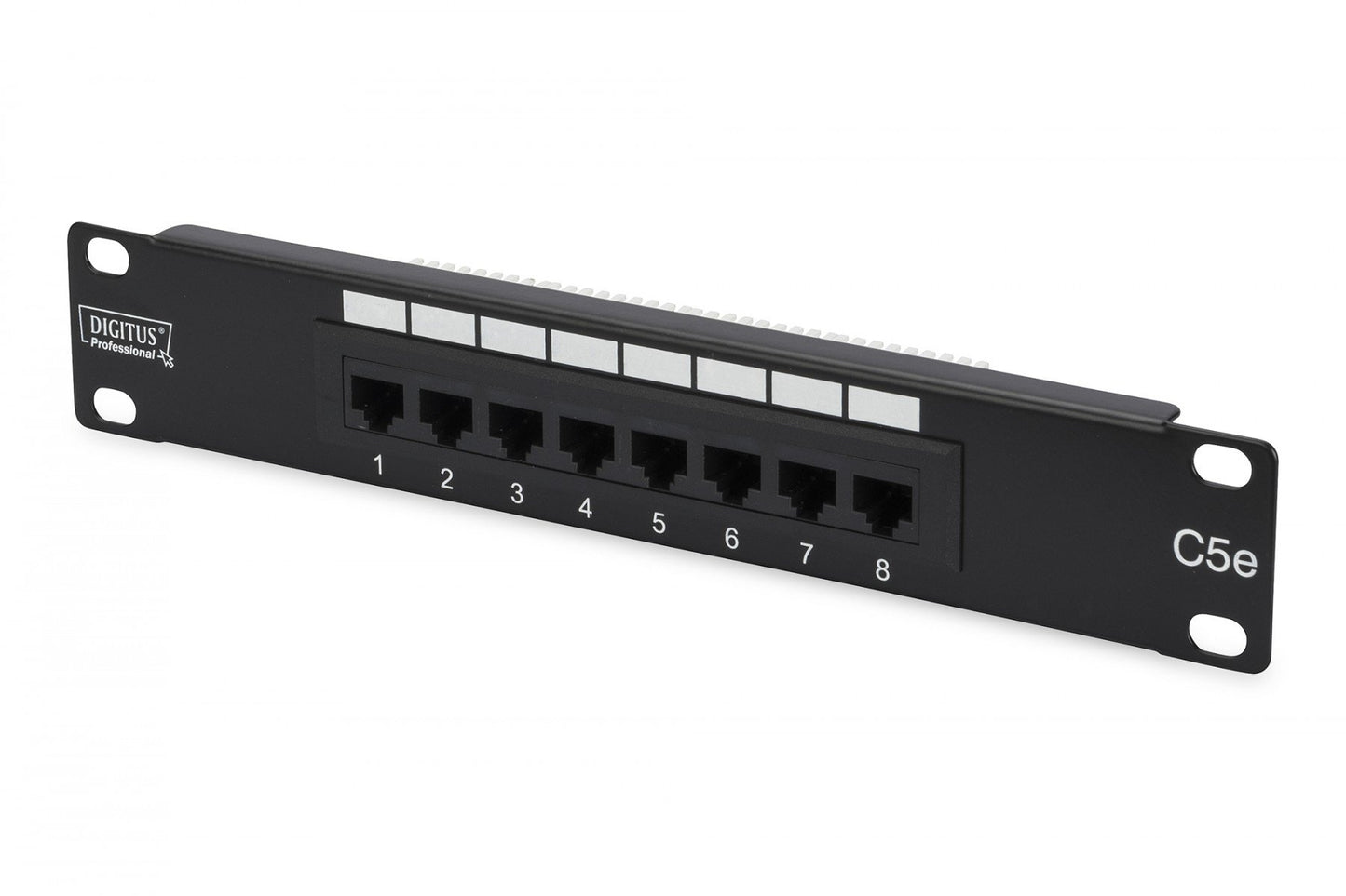 CAT 5e Patch Panel, unshielded, 8-port RJ45, 8P8C LSA, 1U, 254 mm(10")Rack Mount, black, 482x44x109