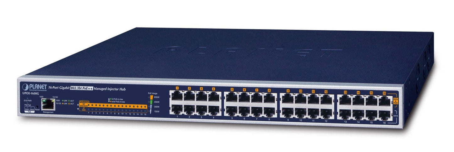 Planet UPOE-1600G 16-Port Gigabit 95W 802.3bt PoE++ Managed Injector Hub (600W PoE Budget, IPv4/IPv6 HTTP/HTTPs Management, SNMPv3, CloudViewer app, MQTT and cy