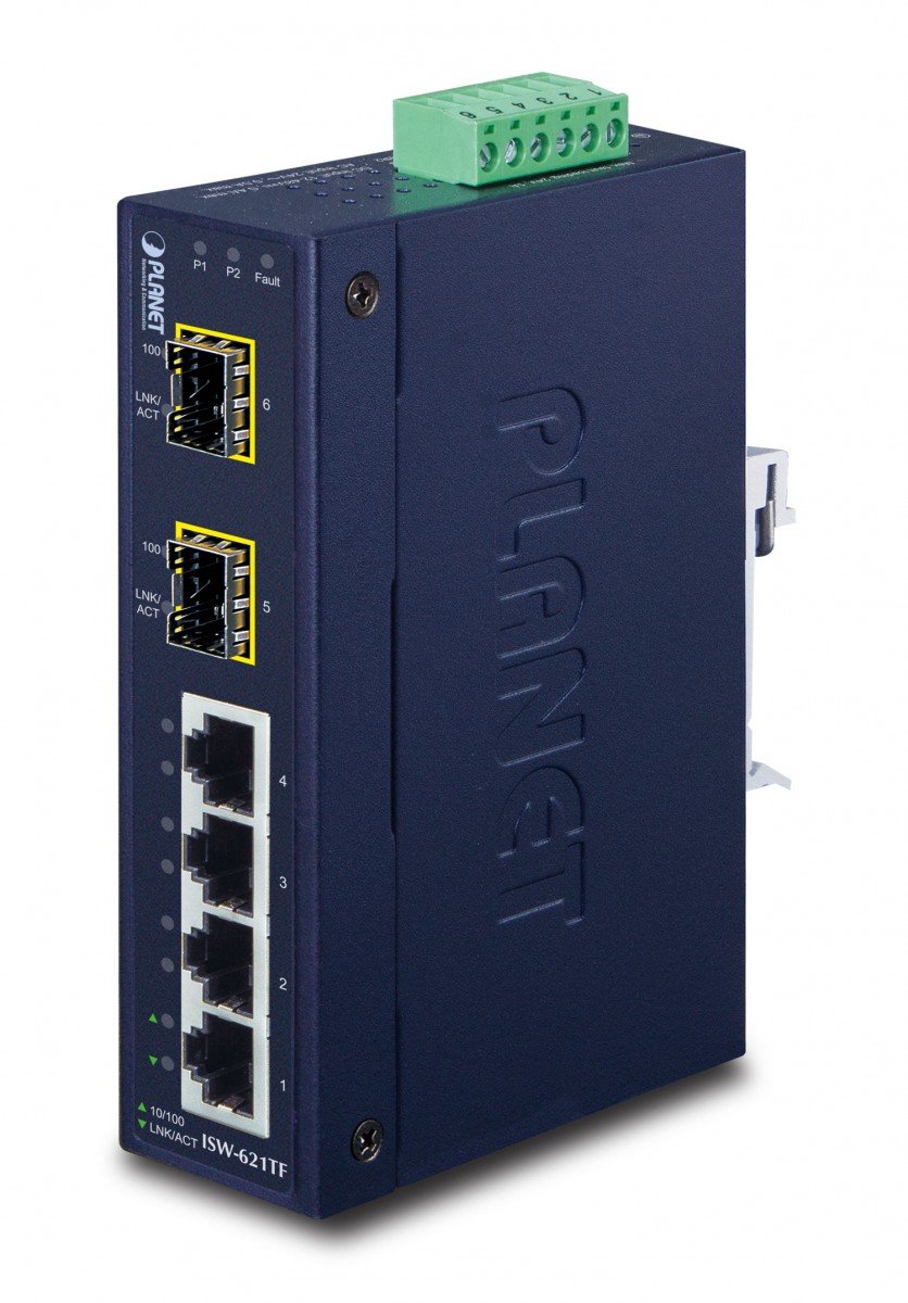 Planet ISW-621TF IP30 Slim Type 4-Port Industrial Ethernet Switch + 2-Port SFP Fiber (-40 - 75 C)