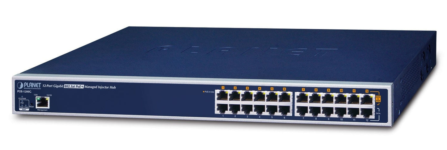 Planet POE-1200G 12-Port 802.3at 30w Managed Gigabit Power over Ethernet Injector Hub (220W PoE budget, Cybersecurity, IPv4/IPv6 HTTP/HTTPs Management, SNMPv3,