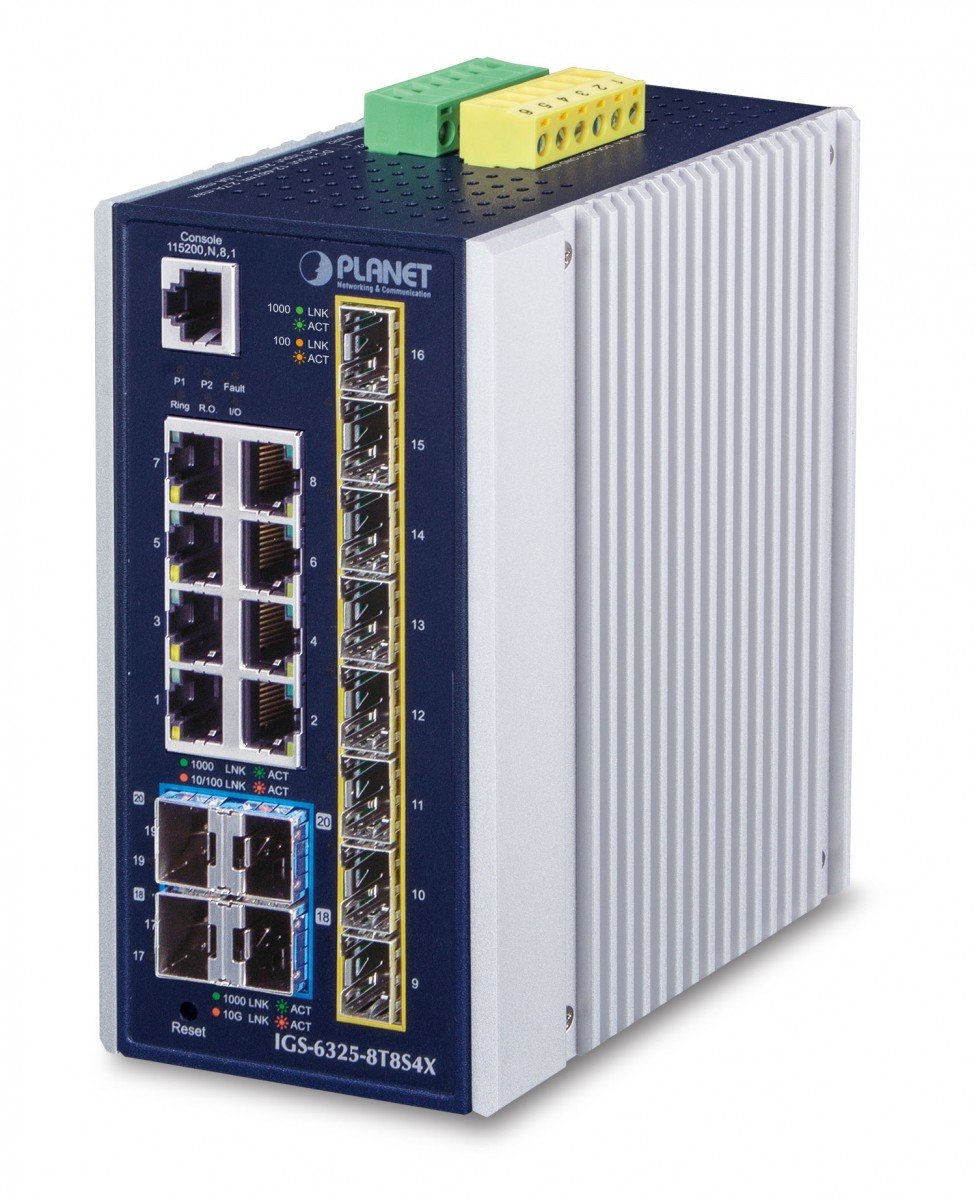 Planet IGS-6325-8T8S4X IP30 Industrial L3 8-Port 10/100/1000T + 8-port 1G/2.5G SFP + 4-Port 10G SFP+ Full Managed Switch (-40 to 75 C, dual redundant power inpu
