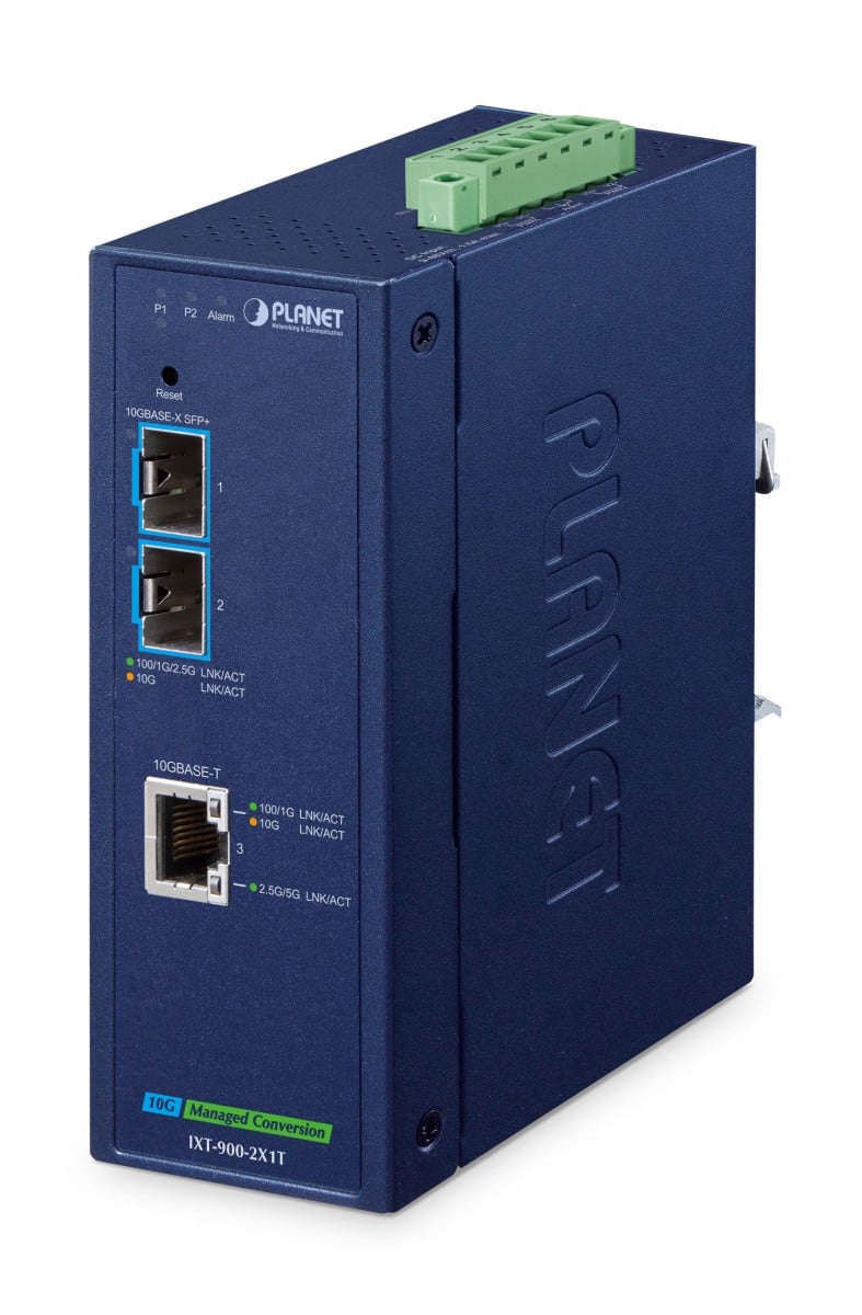 Planet IXT-900-2X1T IP40 Industrial 2-Port 10G/1GBASE-X SFP+ + 1-Port 10G/5G/2.5G/1G/100BASE-T Managed Media Converter(-40 to 75 C, dual redundant power input o