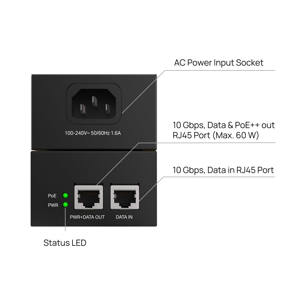 TP-Link POE370S 10G PoE Injector Adapter – 802.3af/at/bt, 60W