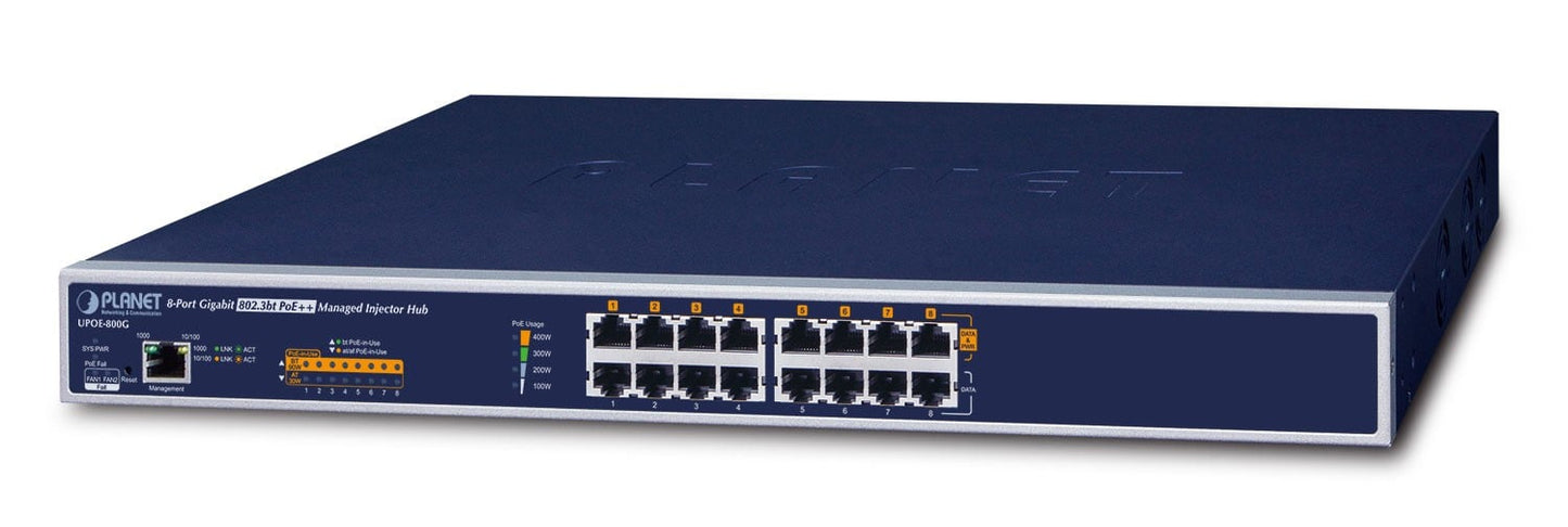 Planet UPOE-800G 8-Port Gigabit 95W 802.3bt PoE++ Managed Injector Hub (400W PoE budget, IPv4/IPv6 HTTP/HTTPs Management, SNMPv3, CloudViewer app, MQTT and cybe