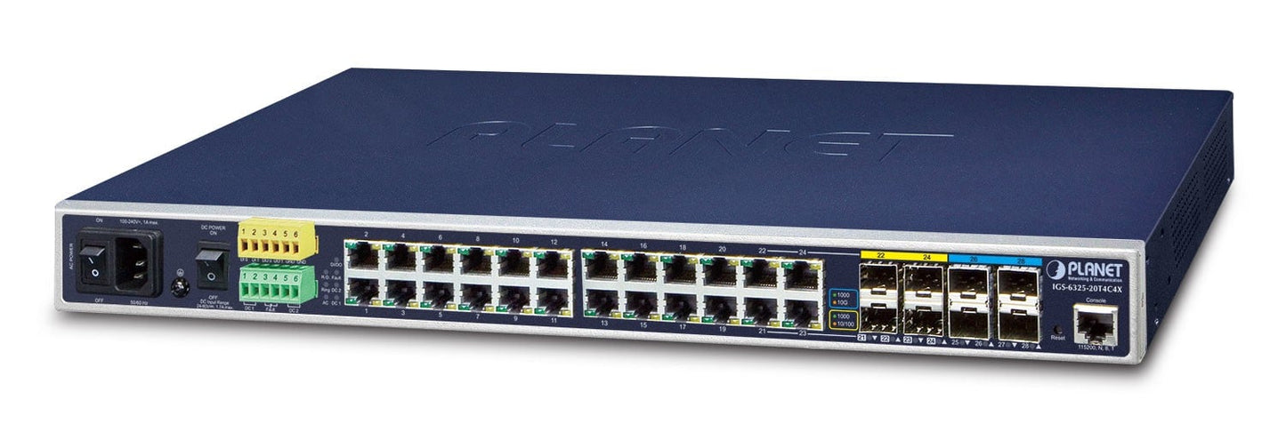 Planet IGS-6325-20T4C4X IP30 19" Rack Mountable Industrial L3 Managed Core Ethernet Switch, 24*1000T with 4 shared 100/1000X SFP + 4*10G SFP+ (-40 to 75 C, AC +