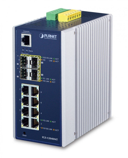 Planet IGS-12040MT IP30 Industrial 8* 10/100/1000TP + 2* 100/1G SFP + 2*100/1G/2.5G SFP Full Managed Ethernet Switch (-40 to 75 C, dual redundant power input on