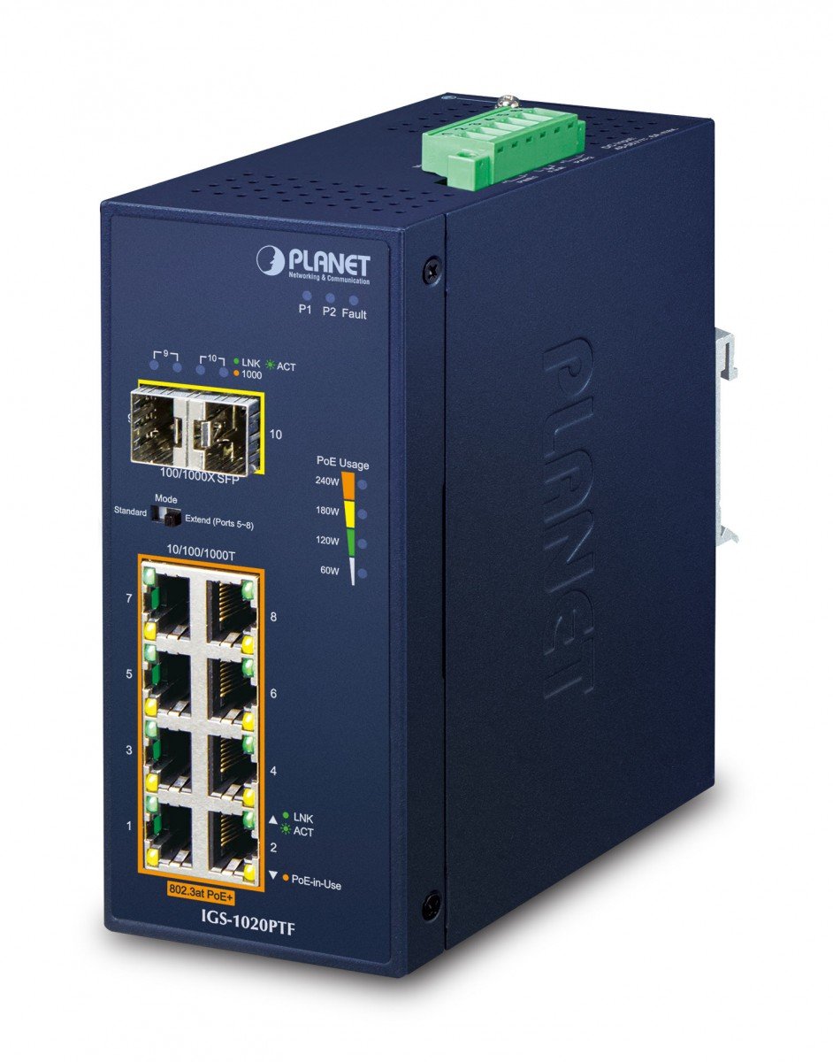 Planet IGS-1020PTF IP30 Industrial 8-Port 10/100/1000T 802.3at PoE + 2-Port 100/1000X SFP Ethernet Switch (-40~75 degrees C, 250m Extend mode, PoE Usage LED, du