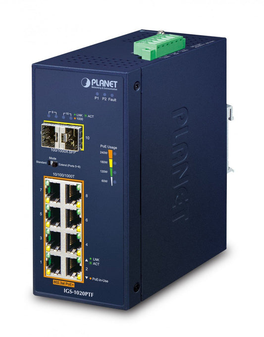 Planet IGS-1020PTF IP30 Industrial 8-Port 10/100/1000T 802.3at PoE + 2-Port 100/1000X SFP Ethernet Switch (-40~75 degrees C, 250m Extend mode, PoE Usage LED, du