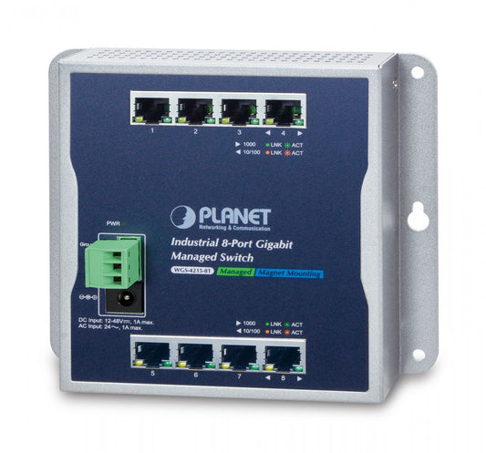 Planet WGS-4215-8T IP30, IPv6/IPv4, 8-Port 1000TP  Wall-mount Managed Ethernet Switch (-40 to 75 C), dual redundant power input on 12-48VDC / 24VAC terminal blo