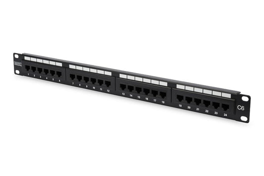 CAT 6 Patch Panel, unshielded, 24-port RJ45 24-port RJ45, 8P8C, LSA, 1U, bl, 482x44x109 mm, black