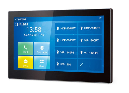 Planet VTS-700WP 7-inch SIP Indoor Touch Screen PoE Video Intercom with Built-in Wi-Fi,  IETF SIP 2.0, HD/Opus Audio, 1080p@30fps, H.264 Video, PoE, 8 alarm inp
