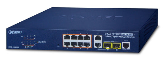 Planet FGSD-1008HPS 8-Port 10/100TX 802.3at PoE +  2-Port Gigabit TP/SFP Combo Managed Ethernet Switch (120W, 250m Extend mode, IPv4/IPv6 Management, SNMPv3, 80