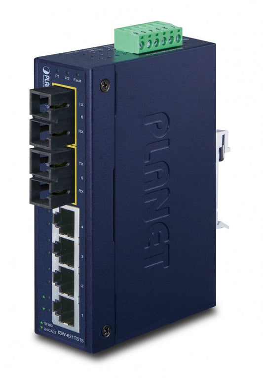 Planet ISW-621TS15 IP30 Slim Type 4-Port Industrial Ethernet Switch + 2-Port 100Base-FX(15KM) (-40 to -75 °C)