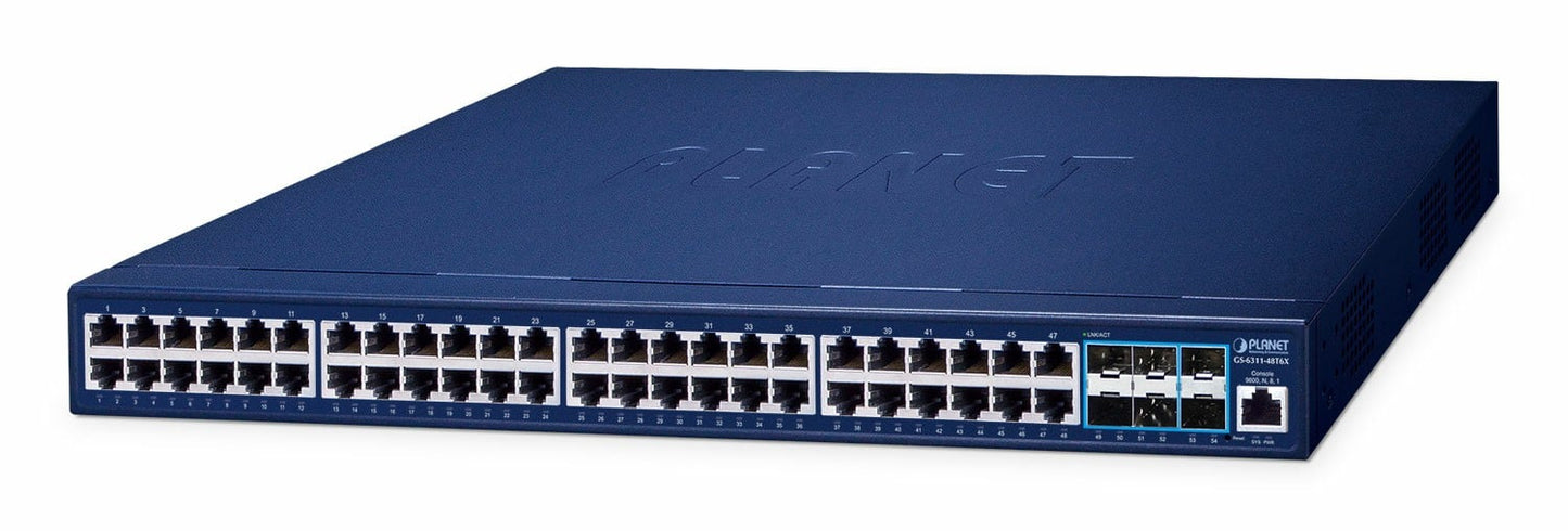 Planet GS-6311-48T6X Layer 3 48-Port 10/100/1000T + 6-Port 10G SFP+ Managed Ethernet Switch (hardware-based Layer 3 RIPv1/v2, OSPFv2 dynamic routing, supports E