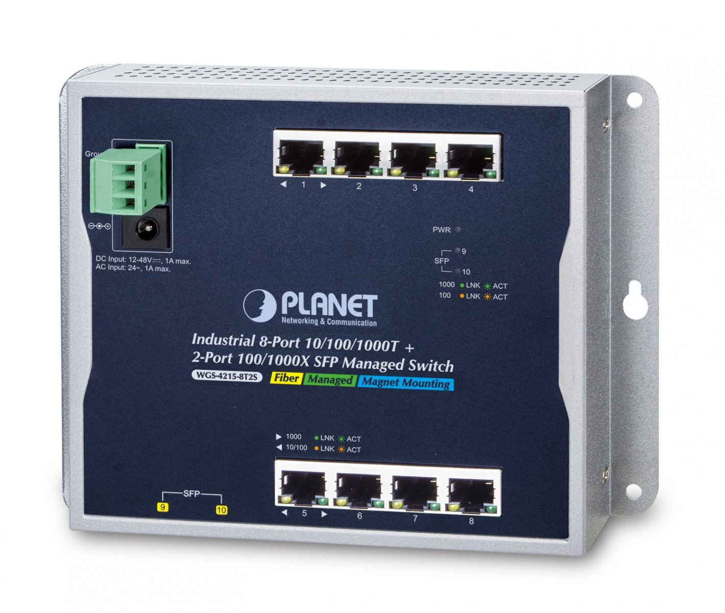 Planet WGS-4215-8T2S IP30, IPv6/IPv4, 8-Port 1000TP + 2-Port 100/1000F SFP Wall-mount Managed Ethernet Switch (-40 to 75 C), dual redundant power input on 12-48