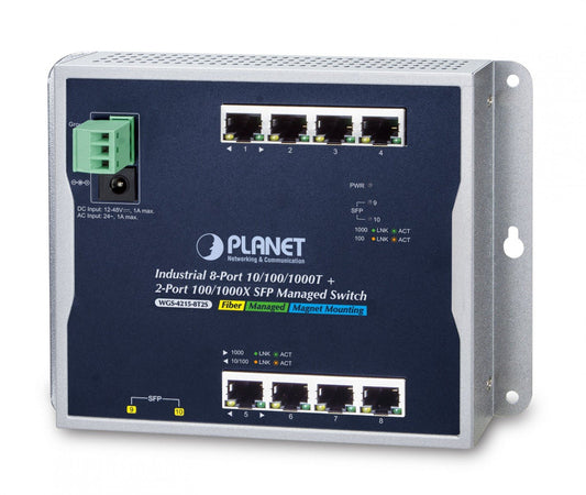 Planet WGS-4215-8T2S IP30, IPv6/IPv4, 8-Port 1000TP + 2-Port 100/1000F SFP Wall-mount Managed Ethernet Switch (-40 to 75 C), dual redundant power input on 12-48