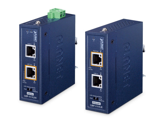 IP30 Industrial 1-Port 10/100TX 802.3bt PoE + 1-Port UTP Long Reach PoE Kit (LRP-111UH + LRP-111UE, -40 to 75 Degrees C, 802.3bt PoE++ or external 48~54V DC inp
