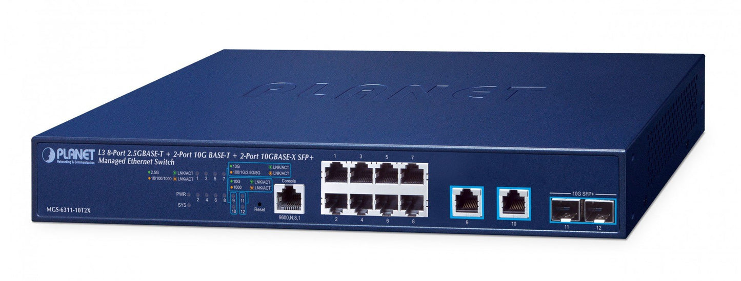 Planet MGS-6311-10T2X Layer 3 8-Port 2.5GBASE-T + 2-Port 10GBASE-T + 2-Port 10GBASE-X SFP+ Managed Ethernet Switch(Hardware-based Layer 3 RIPv1/v2, OSPFv2 dynam