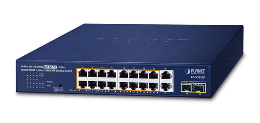 Planet GSD-2022P 16-Port 10/100/1000T 802.3at PoE + 2-Port 10/100/1000T + 2-Port 1000X SFP Unmanaged Gigabit Ethernet Switch  (185W PoE Budget, Standard/VLAN/Ex