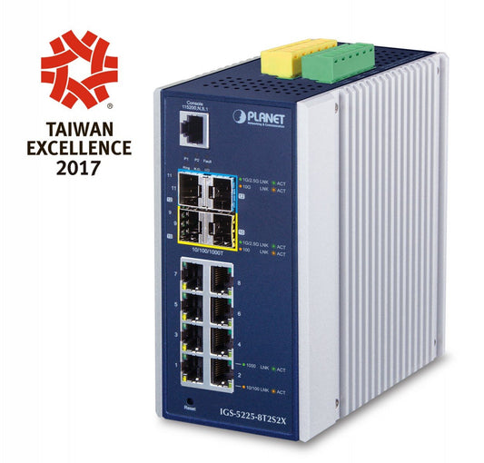 Planet IGS-5225-8T2S2X IP30 Industrial L3 8-Port 1000T + 2-Port 1G/2.5G SFP + 2-Port 10G SFP+ Full Managed Switch (-40 to 75 C, dual redundant power input on 12