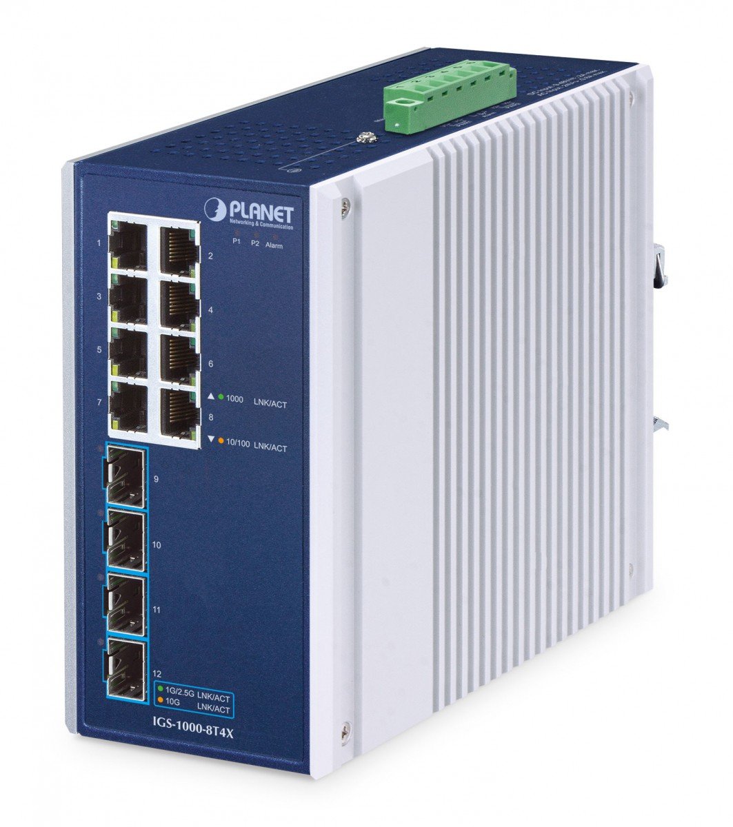 Planet IGS-1000-8T4X IP30 Industrial 8-Port 10/100/1000T + 4-Port 10G SFP+ Ethernet Switch (-40~75 degrees C, dual 9~48V DC/24V AC, supports 1G/2.5G/10G SFP tra