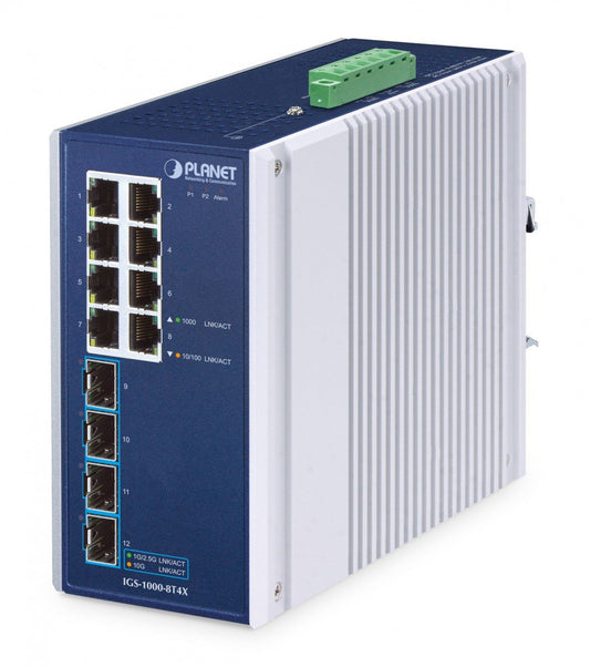 Planet IGS-1000-8T4X IP30 Industrial 8-Port 10/100/1000T + 4-Port 10G SFP+ Ethernet Switch (-40~75 degrees C, dual 9~48V DC/24V AC, supports 1G/2.5G/10G SFP tra