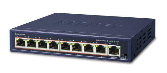 Planet GSD-908HP 8-Port 10/100/1000T Gigabit 802.3at POE Ethernet Switch plus 1-Port Gigabit Ethernet Switch (100W POE Budget with External Power Supply, VLAN m