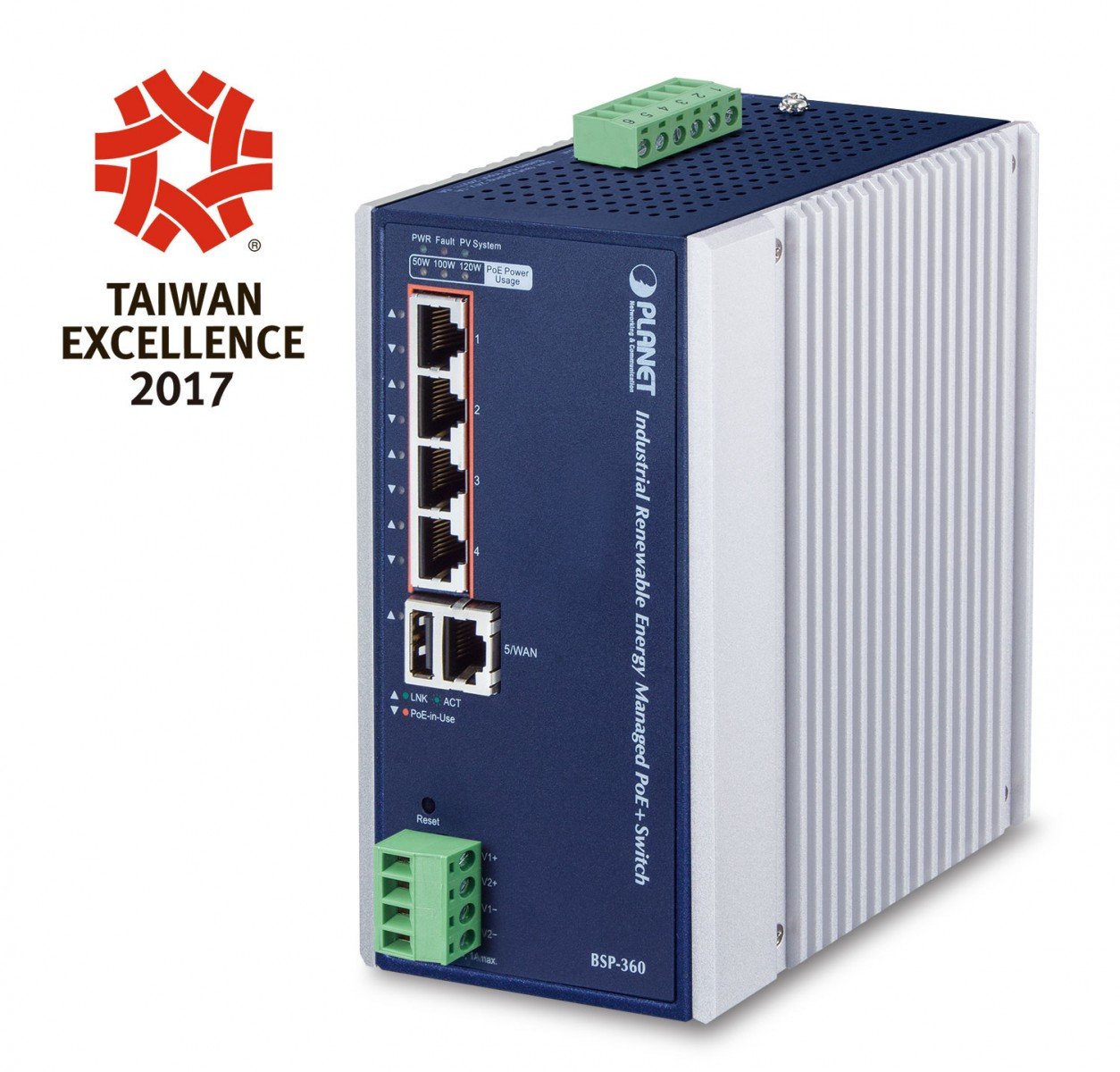 Planet BSP-360 IP30 Industrial Renewable Energy 4-Port 10/100/1000T 802.3at PoE+ Managed Ethernet Switch/Router (-10 to 60 degree C, 4-Port Gigabit 802.3at PoE+