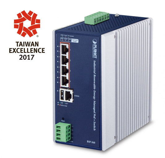 Planet BSP-360 IP30 Industrial Renewable Energy 4-Port 10/100/1000T 802.3at PoE+ Managed Ethernet Switch/Router (-10 to 60 degree C, 4-Port Gigabit 802.3at PoE+