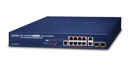 Planet GS-5220-8P2T2S IPv4/IPv6 L2+/L4 8-Port 10/100/1000T 802.3at PoE + 2-Port 10/100/1000T + 2-Port 100/1000SFP Managed Ethernet Switch (240W PoE Budget, 250m