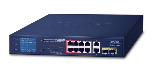Planet GSD-1222VHP 8-Port 10/100/1000T 802.3at PoE + 2-Port 10/100/1000T + 2-Port 1000SX SFP Gigabit Switch with smart color LCD (120W PoE Budget, Standard/VLAN