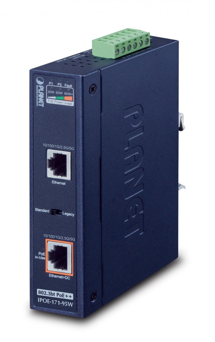 Planet IPOE-171-95W IP30, Industrial Single-Port Multi-gigabit 802.3bt PoE++ Injector (95 Watts, UPoE, Legacy mode support, PoE Usage LED, 10M/100M/1G/2.5G/5G s