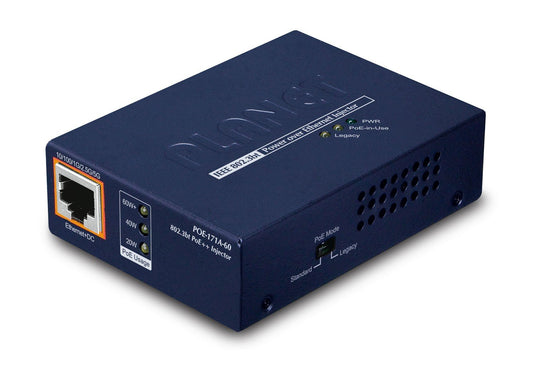 Planet POE-171A-60 Single-Port Multi-gigabit 802.3bt PoE++ Injector (60 Watts, PoH/Legacy/Force mode support, PoE Usage LED, 10M/100M/1G/2.5G/5G speed) -w/exter
