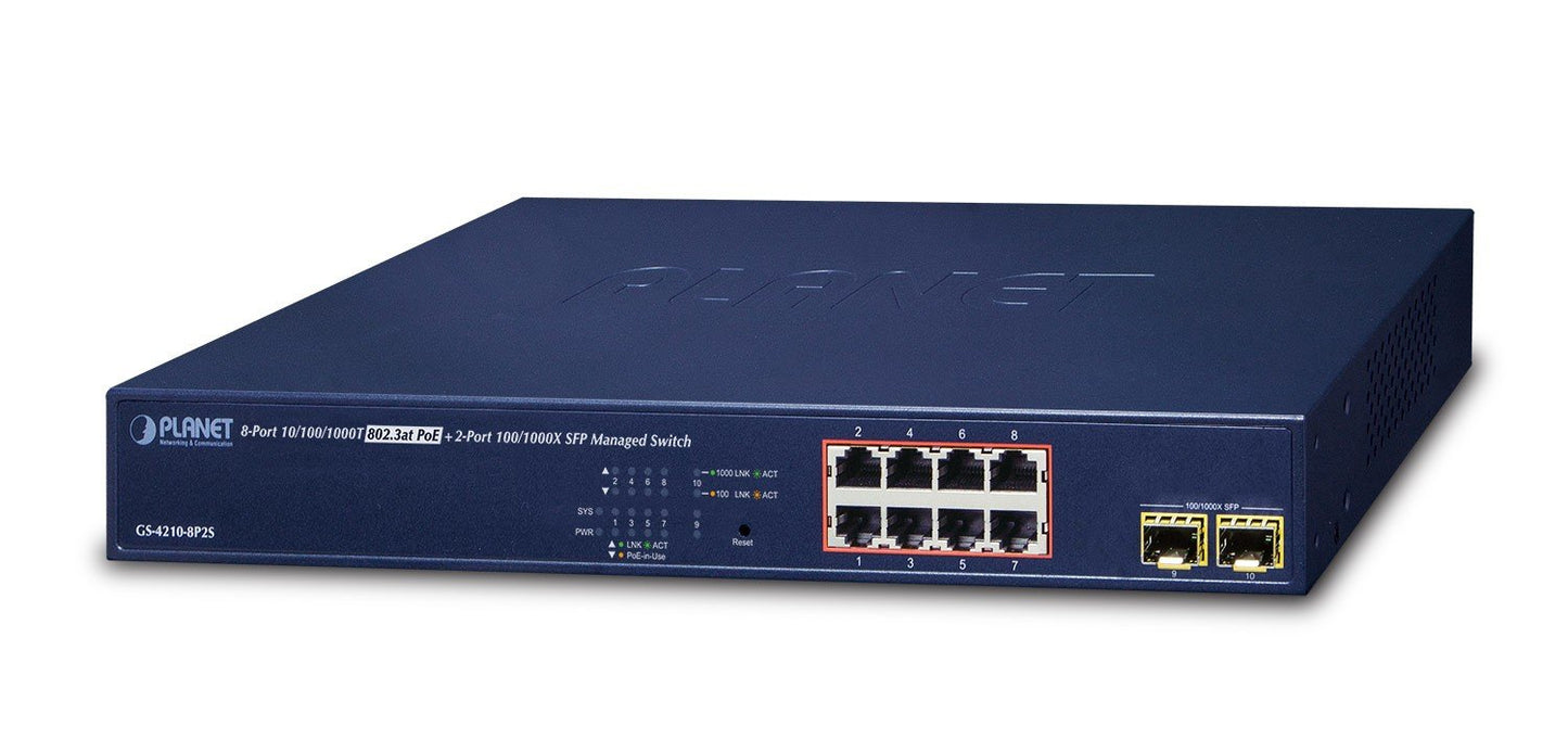 Planet GS-4210-8P2S IPv4/IPv6, 8-Port Managed 802.3at POE+ Gigabit Ethernet Switch  + 2-Port 100/1000X SFP (120W PoE Budget, 250m Extend mode, supports CloudVie