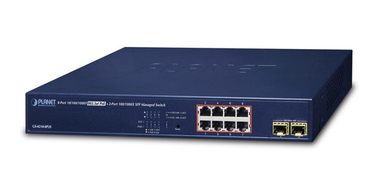 Planet GS-4210-8P2S IPv4/IPv6, 8-Port Managed 802.3at POE+ Gigabit Ethernet Switch  + 2-Port 100/1000X SFP (120W PoE Budget, 250m Extend mode, supports CloudVie