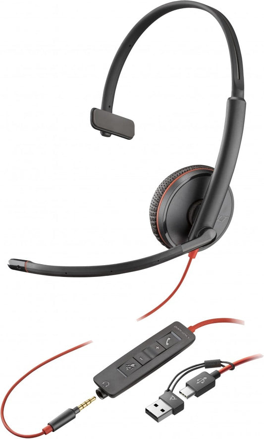 Poly Blackwire 3215 Monaural USB-C Headset +3.5mm Plug +USB-C/A Adapter 8X227AA
