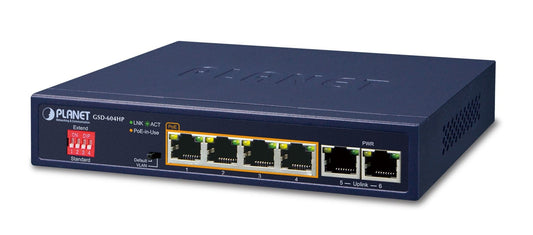 Planet GSD-604HP 4-Port 10/100/1000T 802.3at POE + 2-Port 10/100/1000T Desktop Switch (65W POE Budget, External Power Supply, Standard/VLAN/Extend mode)
