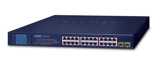 Planet GSW-2620VHP 24-Port 10/100/1000T 802.3at PoE + 2-Port 1000SX SFP Gigabit Switch with smart color LCD (300W PoE Budget, Standard/VLAN/Extend mode, PoE Bud
