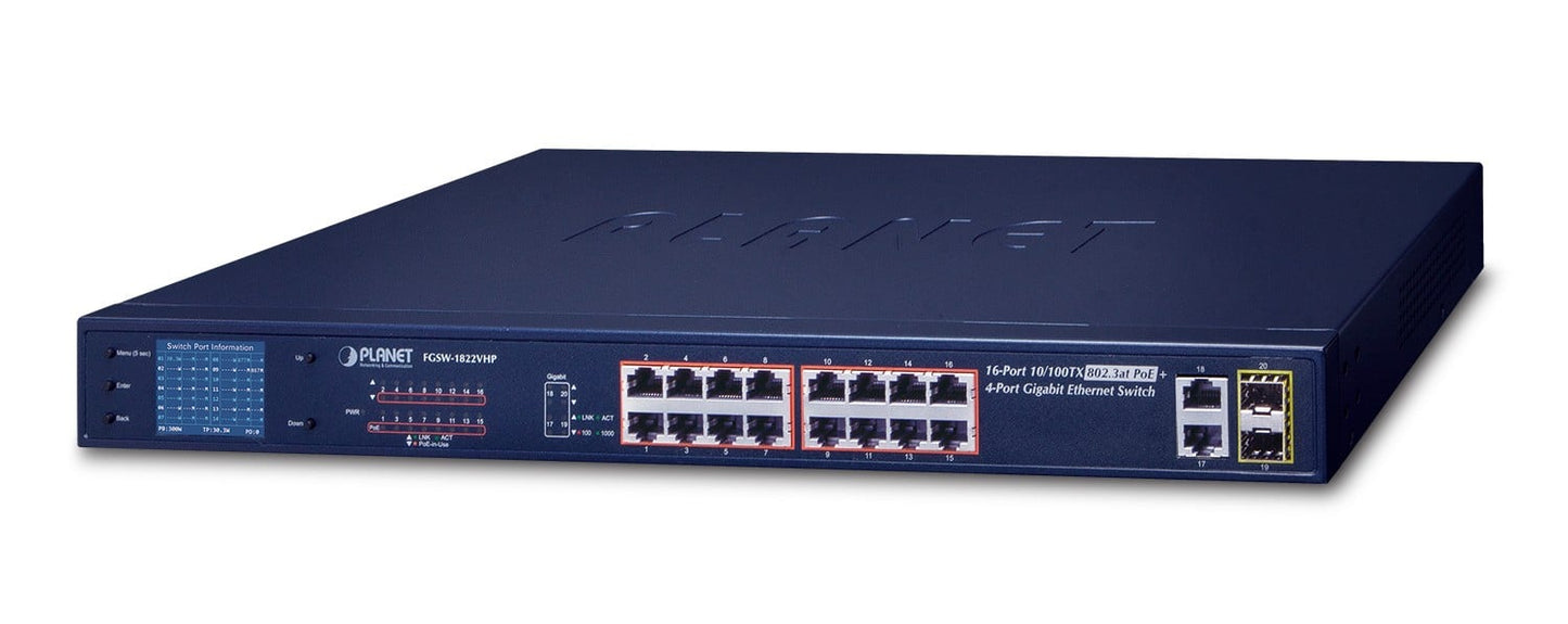 Planet FGSW-1822VHP 16-Port 10/100TX 802.3at PoE + 2-Port 10/100/1000T + 2-Port 1000X SFP Ethernet Switch with smart color LCD (300W PoE Budget, Standard/VLAN/E