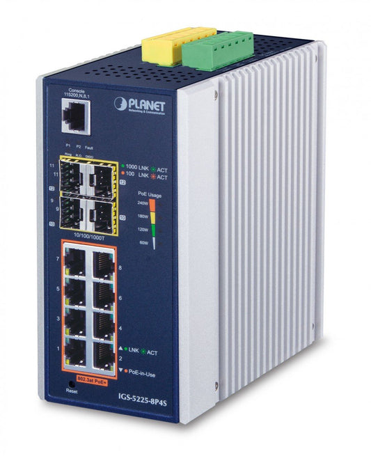 Planet IGS-5225-8P4S IP30 Industrial L2+/L4 8-Port 1000T 802.3at PoE + 2-Port 100/1G SFP + 2-Port 1G/2.5G SFP Full Managed Switch (-40 to 75 C, dual redundant p